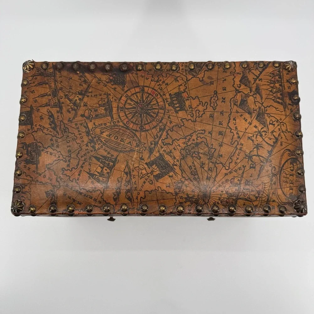 Vtg Leather Wood Jewelry Box Chest Trunk Old World Map Studded Nailhead Drawer